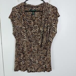 Lauren Ralph Lauren Top Womens Large Cheetah Animal Faux Wrap Cap Sleeve Jersey